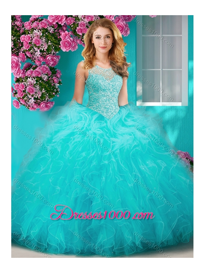 Sophisticated See Through Beaded Scoop Sweet 15 Dress with Ruffles