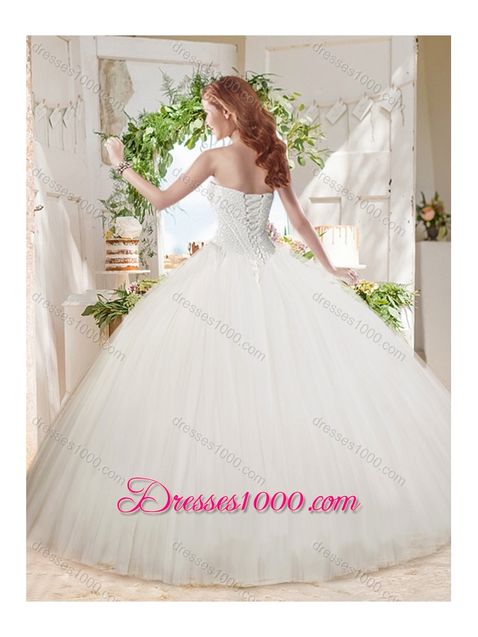 White Ball Gown Sweetheart Court Train Beaded Sweet Fifteen Dress in Tulle