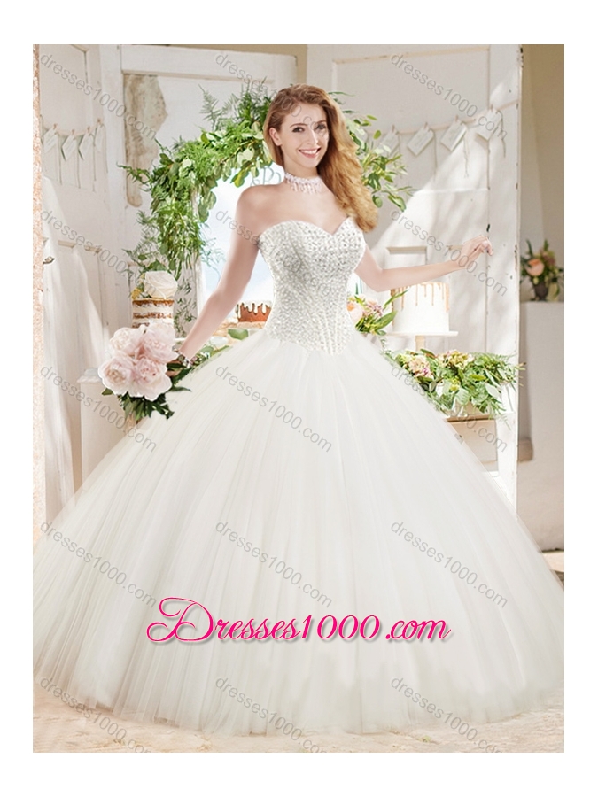 White Ball Gown Sweetheart Court Train Beaded Sweet Fifteen Dress in Tulle
