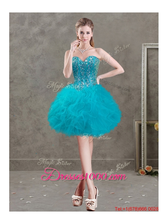 New Arrivals Beaded and Ruffled Teal Detachable Quinceanera Dresses in Organza