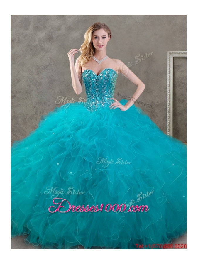 New Arrivals Beaded and Ruffled Teal Detachable Quinceanera Dresses in Organza
