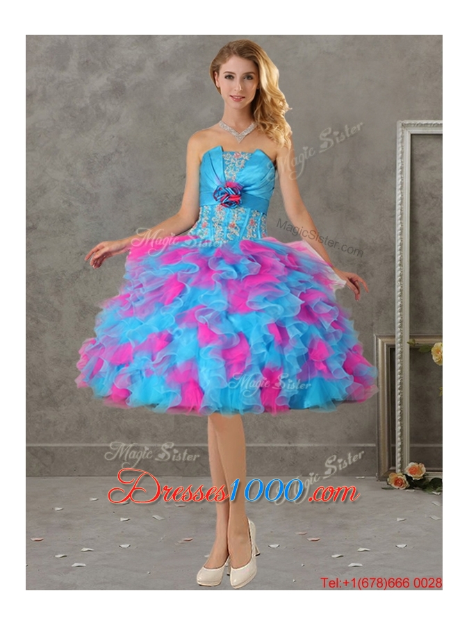 Romantic Hand Made Flowers and Ruffled Big Puffy Detachable Quinceanera Dresses in Blue and Pink