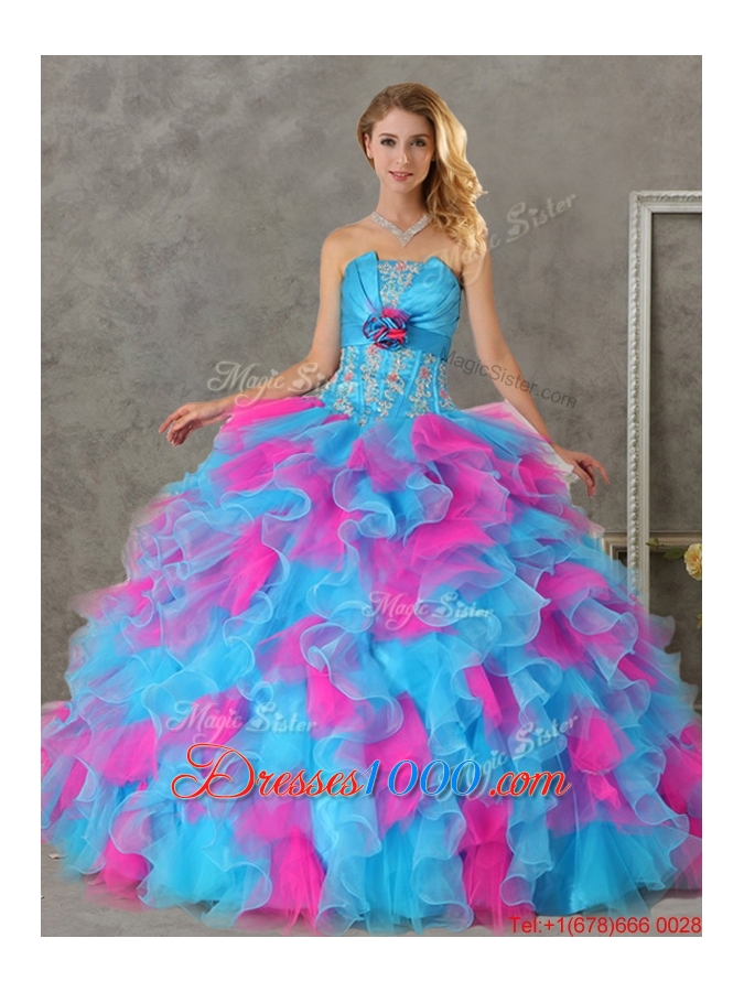 Romantic Hand Made Flowers and Ruffled Big Puffy Detachable Quinceanera Dresses in Blue and Pink