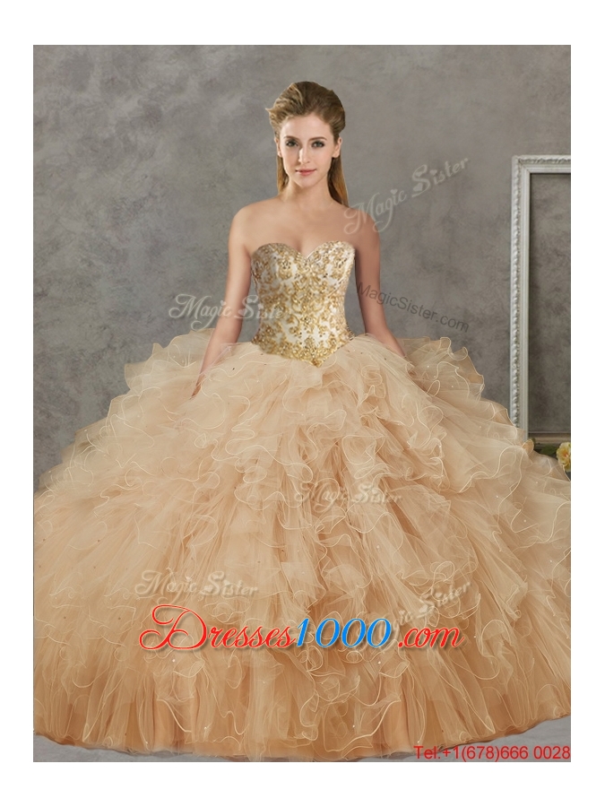 Wonderful Big Puffy Champagne Detachable Quinceanera Dresses with Beading and Ruffles
