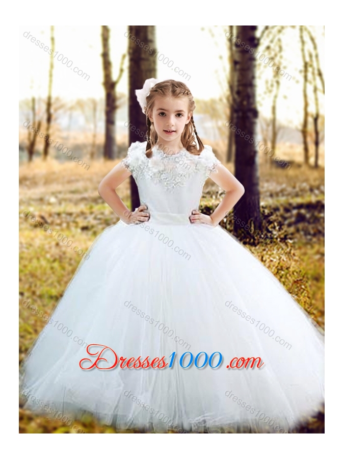 Feminine See Through Long Sleeves Perfect Wedding Dresses with Appliques and Lovely Big Puffy Flower Girl Dress with Hand Made Flowers