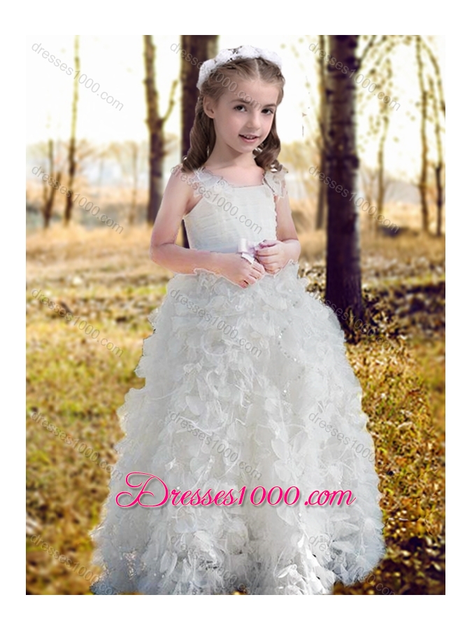 Wonderful Spaghetti Straps Wedding Dresses with Ruffles and Beautiful Straps Flower Girl Dress with Bowknot