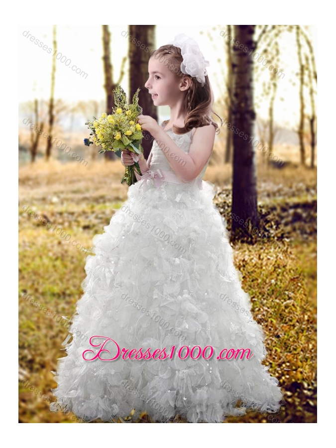 Wonderful Spaghetti Straps Wedding Dresses with Ruffles and Beautiful Straps Flower Girl Dress with Bowknot