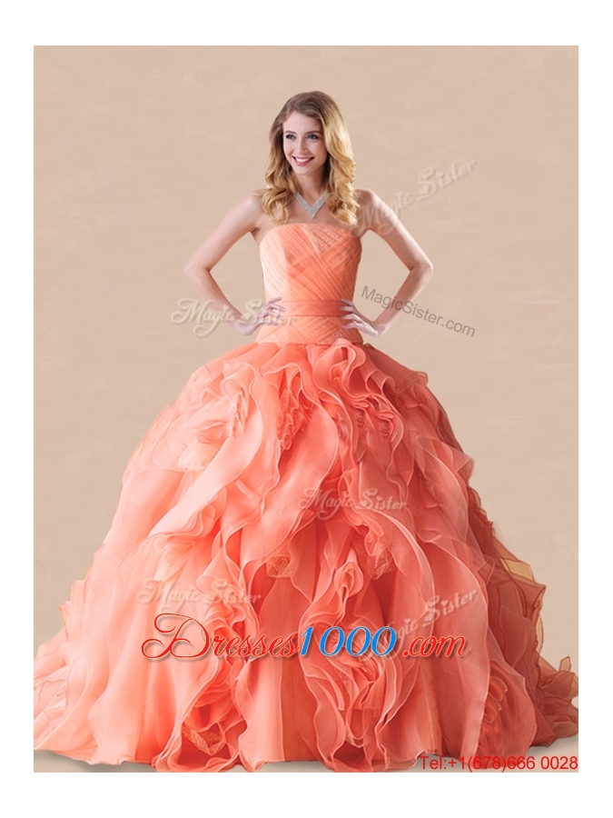 Low Price Brush Train Orange Red Quinceanera Dress in Rolling Flowers