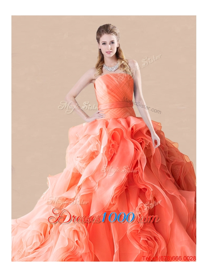 Low Price Brush Train Orange Red Quinceanera Dress in Rolling Flowers