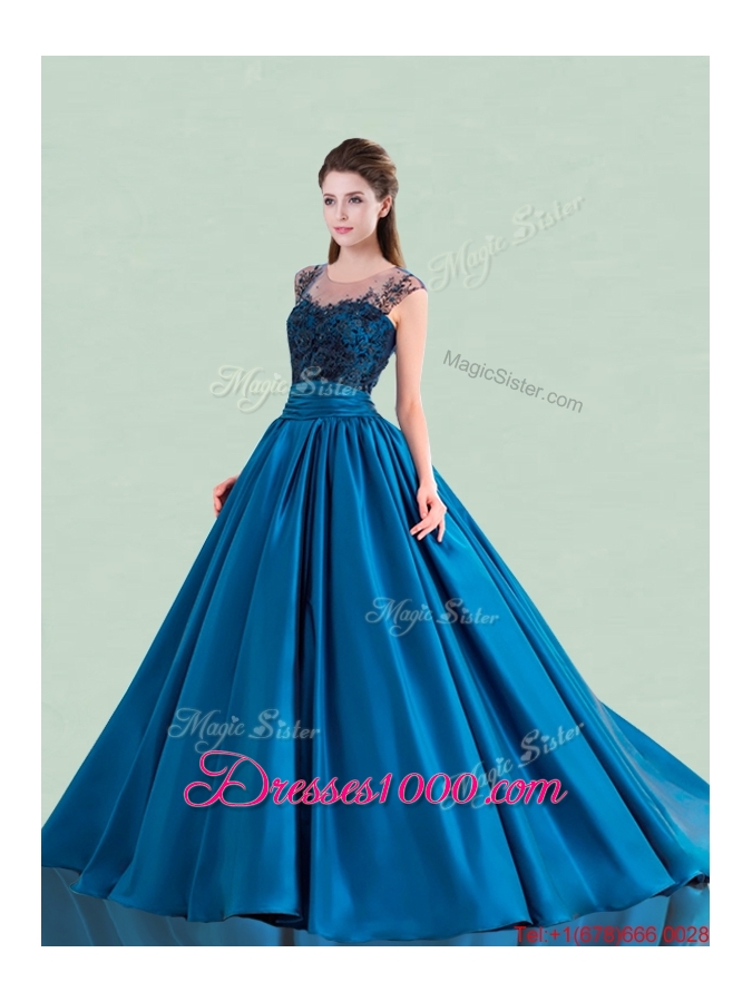 Modest See Through Scoop Brush Train Sweet 16 Dress with Cap Sleeves