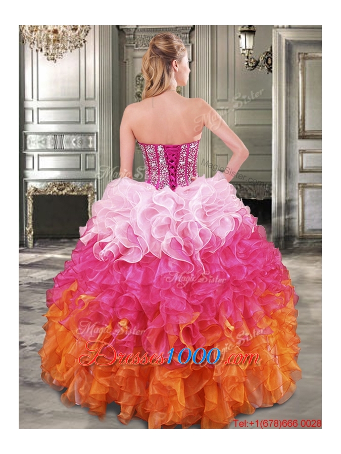 Beautiful Gradient Color Big Puffy Quinceanera Dress with Beading and Ruffles
