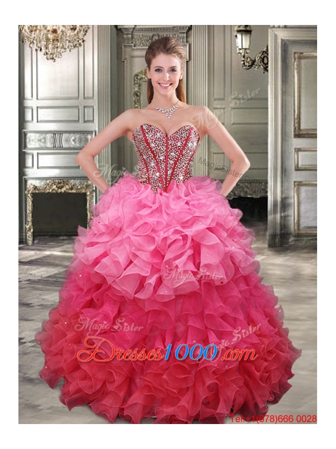 Beautiful Gradient Color Big Puffy Quinceanera Dress with Beading and Ruffles