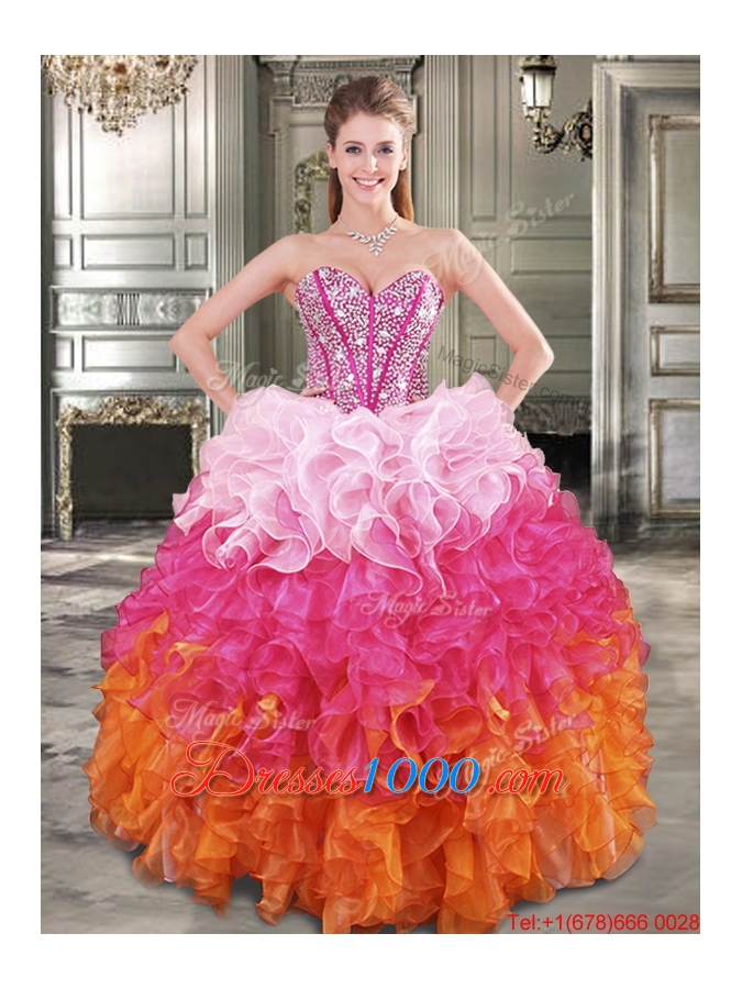 Beautiful Gradient Color Big Puffy Quinceanera Dress with Beading and Ruffles