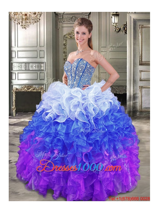 Beautiful Gradient Color Big Puffy Quinceanera Dress with Beading and Ruffles