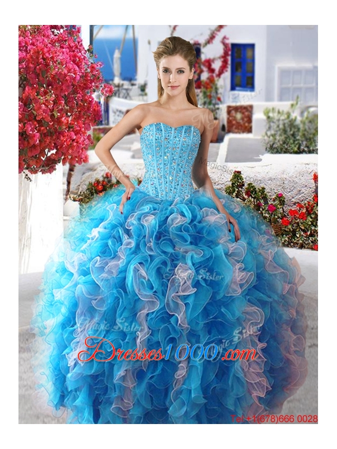 Beautiful Rose Pink and White Organza Sweet 16 Dress with Beading and Ruffles