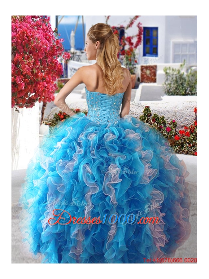 Beautiful Rose Pink and White Organza Sweet 16 Dress with Beading and Ruffles