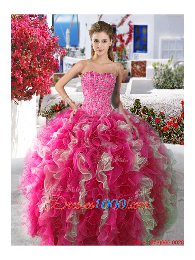Beautiful Rose Pink and White Organza Sweet 16 Dress with Beading and Ruffles