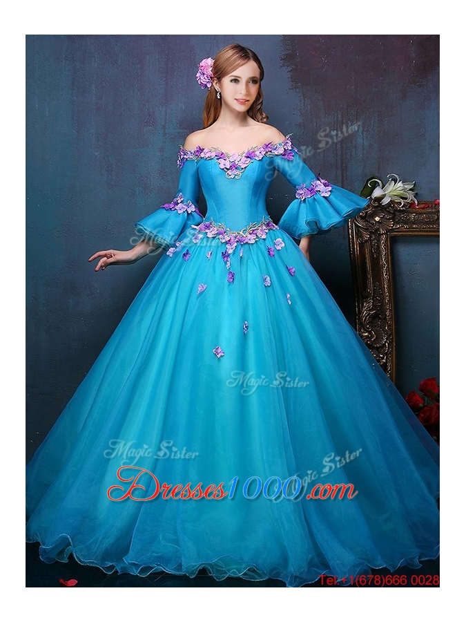 Cheap Off the Shoulder Three Fourth Length Sleeves Quinceanera Gown with Appliques