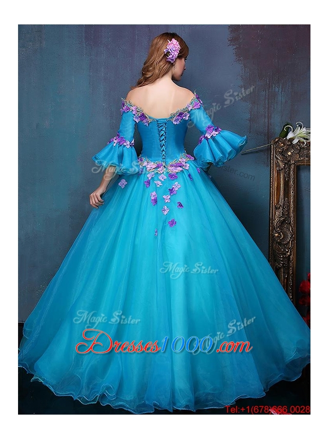 Cheap Off the Shoulder Three Fourth Length Sleeves Quinceanera Gown with Appliques