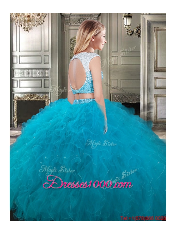 Cheap Two Piece Scoop Cap Sleeves Backless Quinceanera Dress in Fuchsia