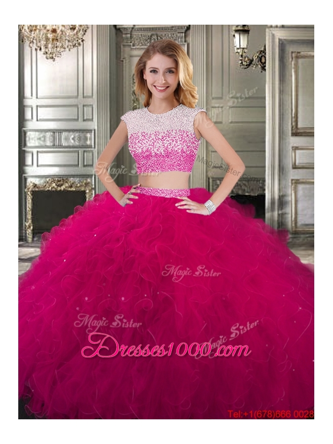Cheap Two Piece Scoop Cap Sleeves Backless Quinceanera Dress in Fuchsia