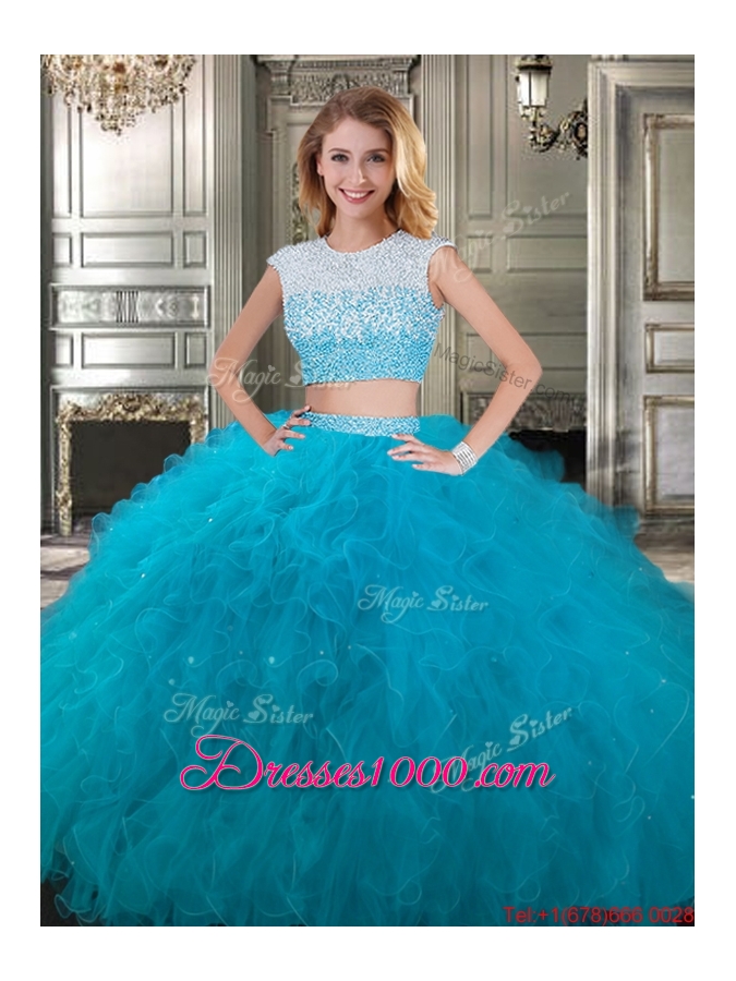 Cheap Two Piece Scoop Cap Sleeves Backless Quinceanera Dress in Fuchsia