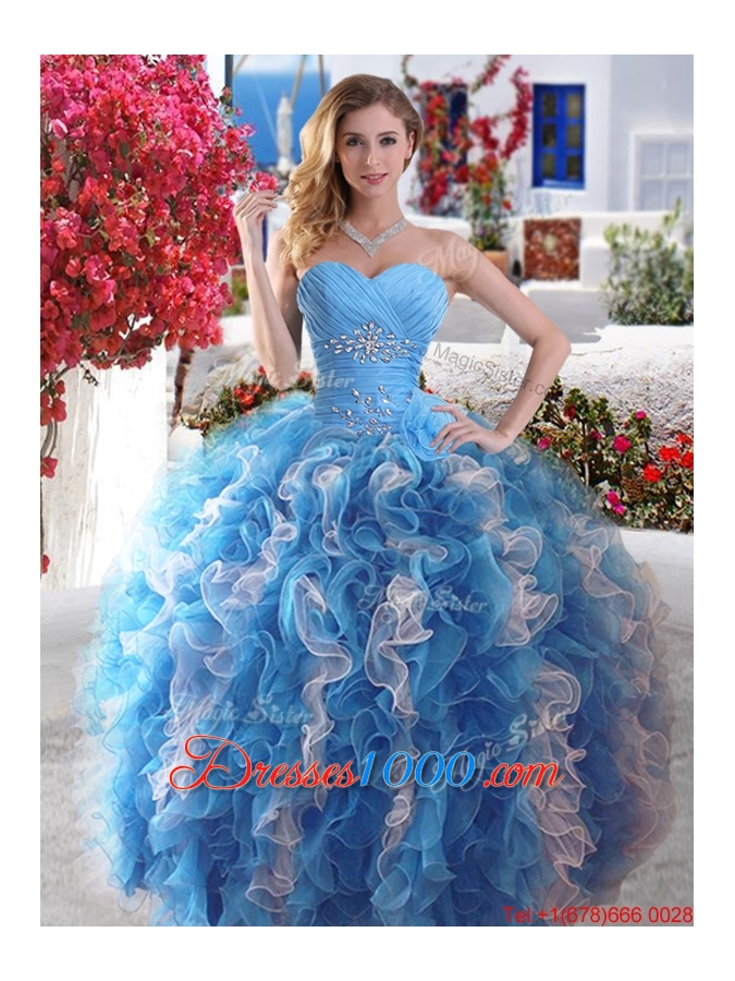 Classical Beaded and Ruffled Quinceanera Dress in Rose Pink and White