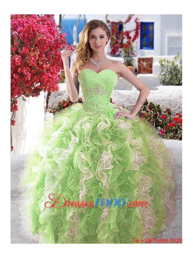 Classical Beaded and Ruffled Quinceanera Dress in Rose Pink and White