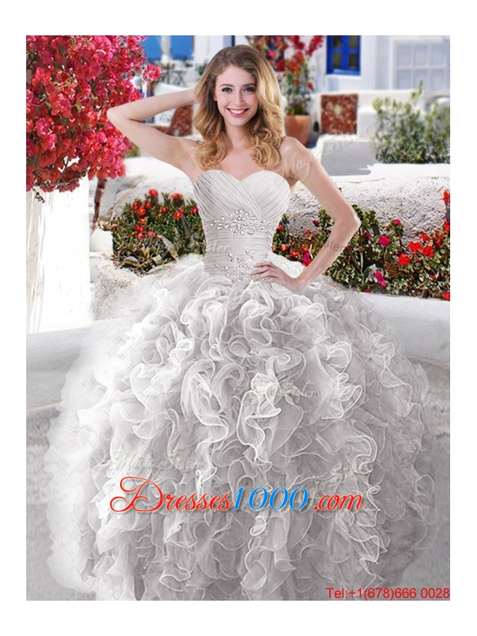 Classical Beaded and Ruffled Quinceanera Dress in Rose Pink and White