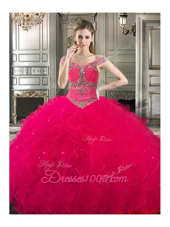 Discount Off the Shoulder Cap Sleeves Beaded Quinceanera Gown in Wine Red