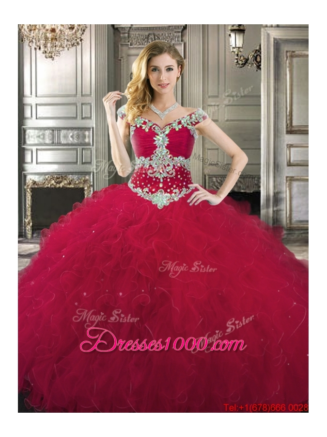 Discount Off the Shoulder Cap Sleeves Beaded Quinceanera Gown in Wine Red