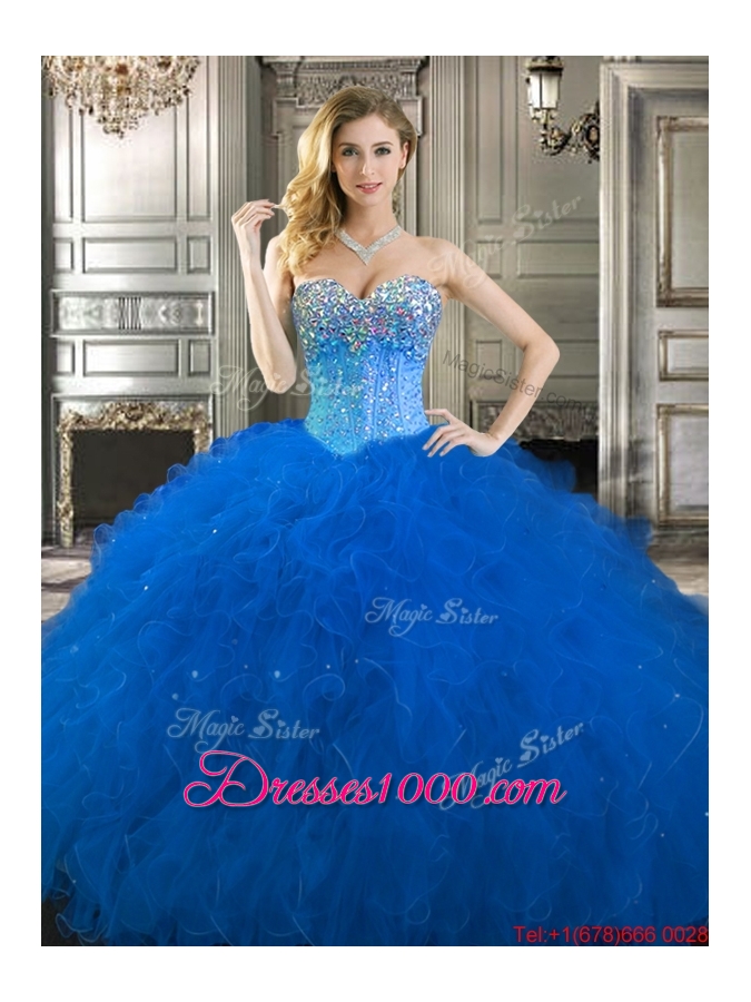 Fashionable Beaded and Ruffled Tulle Quinceanera Dress in Fuchsia