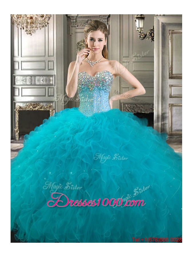 Fashionable Beaded and Ruffled Tulle Quinceanera Dress in Fuchsia