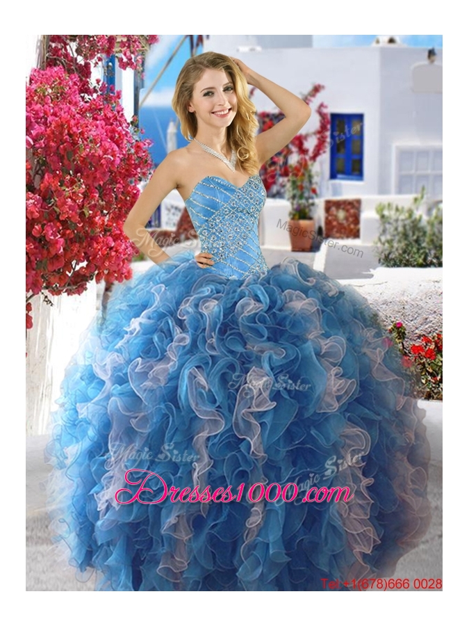 Latest Beaded and Ruffled Fuchsia and White Quinceanera Dress in Organza