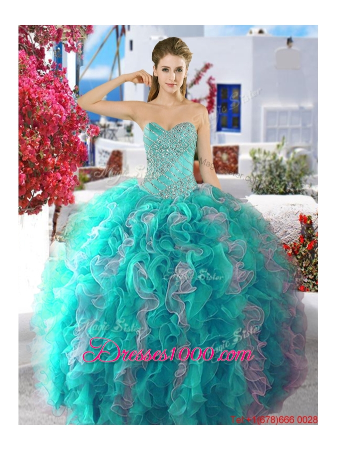 Latest Beaded and Ruffled Fuchsia and White Quinceanera Dress in Organza