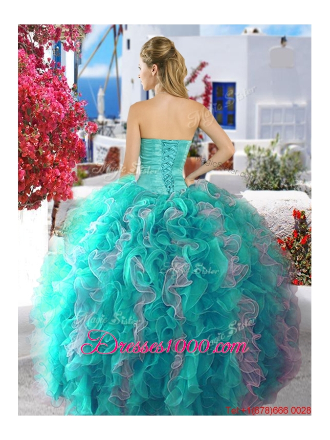 Latest Beaded and Ruffled Fuchsia and White Quinceanera Dress in Organza