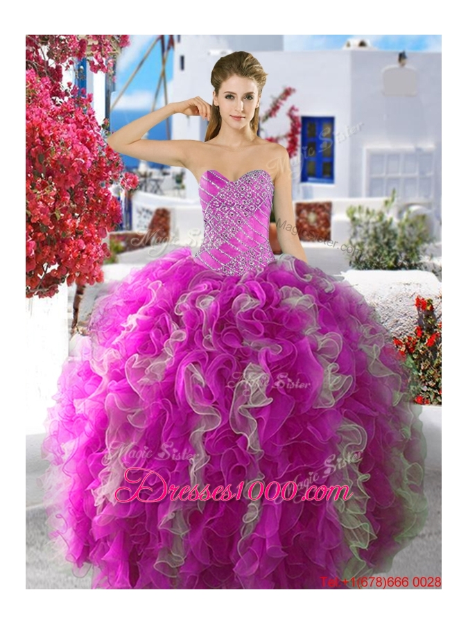 Latest Beaded and Ruffled Fuchsia and White Quinceanera Dress in Organza