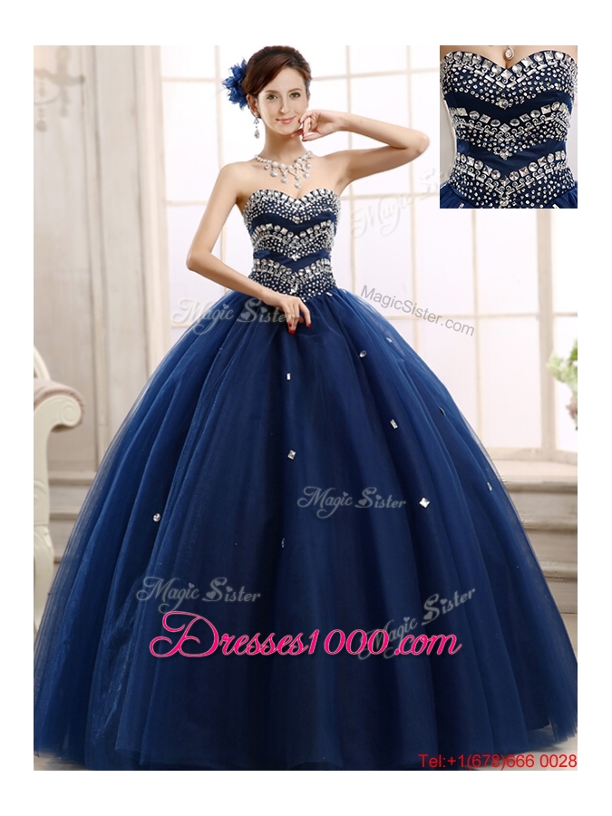 Most Popular Rhinestoned Really Puffy Sweet 16 Dress in Navy Blue