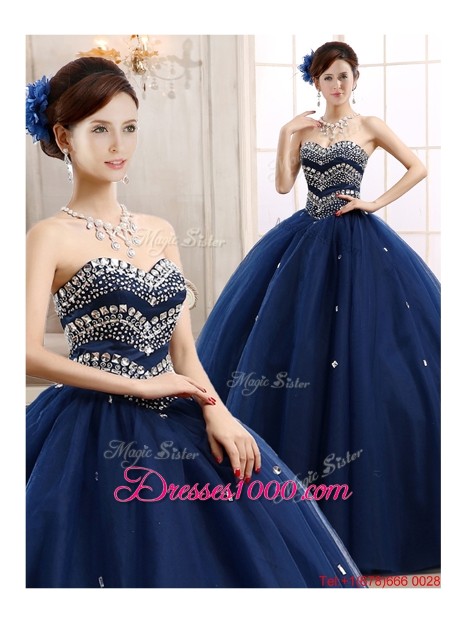 Most Popular Rhinestoned Really Puffy Sweet 16 Dress in Navy Blue