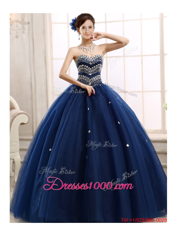 Most Popular Rhinestoned Really Puffy Sweet 16 Dress in Navy Blue
