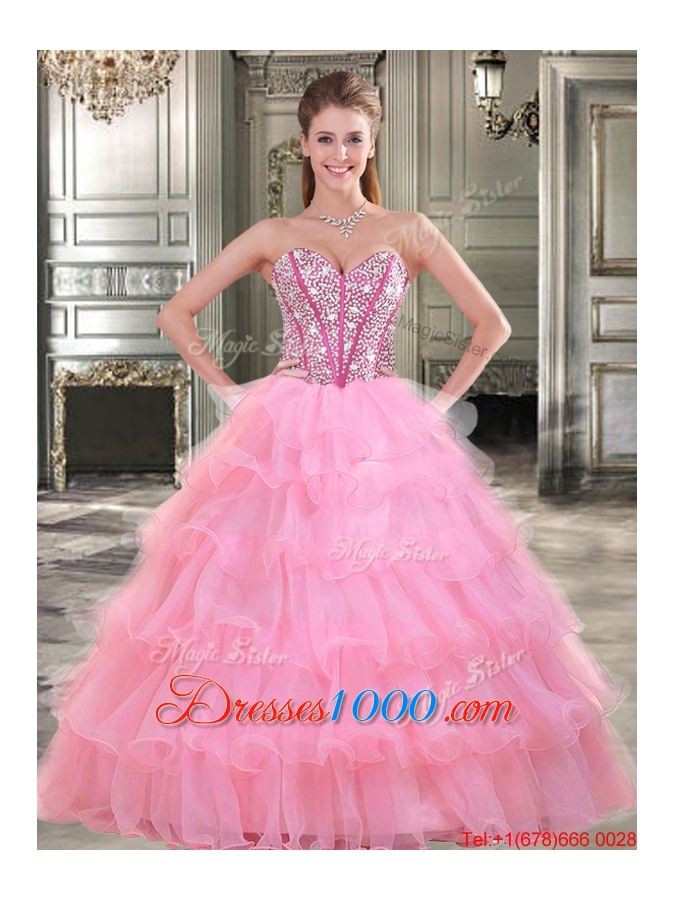 New Style Organza Rose Pink Sweet 16 Dress with Beading and Ruffled Layers