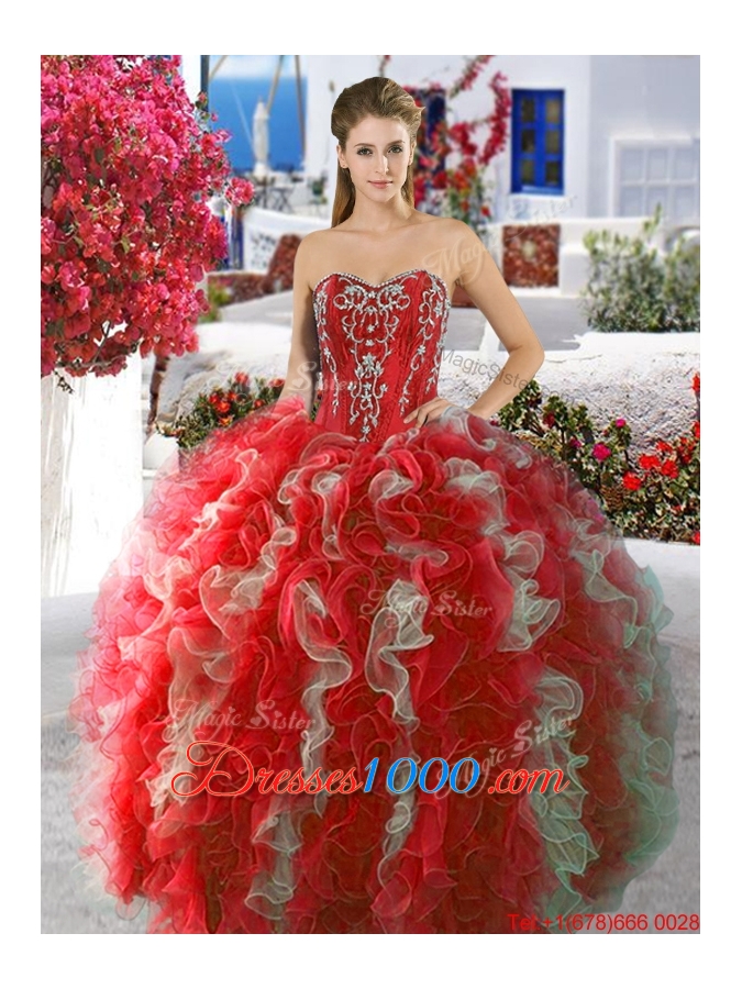 Perfect Red and White Quinceanera Dress with Beading and Ruffles