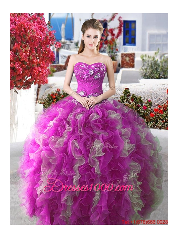 Popular Puffy Skirt Applique and Ruffled Quinceanera Gown for Spring