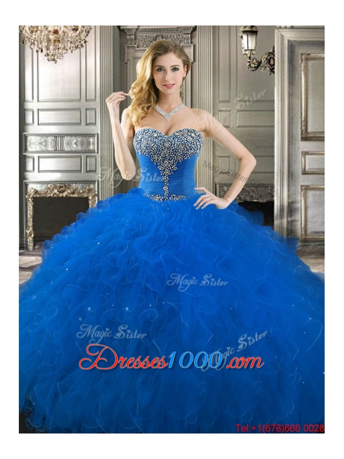 Pretty Really Puffy Beaded Bodice and Ruffled Sweet 16 Dress in Royal Blue