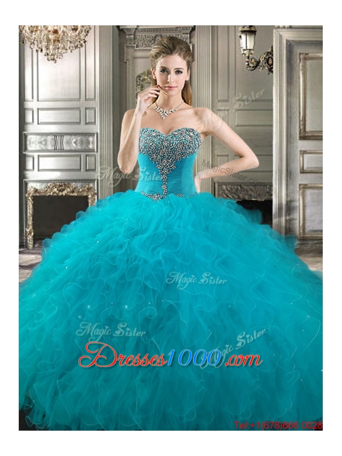 Pretty Really Puffy Beaded Bodice and Ruffled Sweet 16 Dress in Royal Blue
