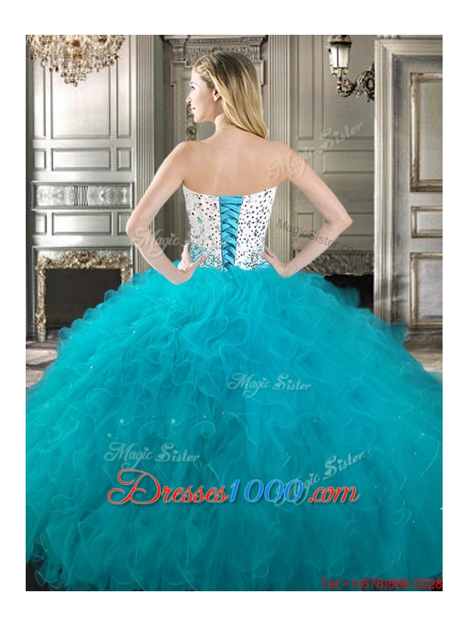 Unique Beaded and Ruffled Tulle Quinceanera Gown in Purple and White