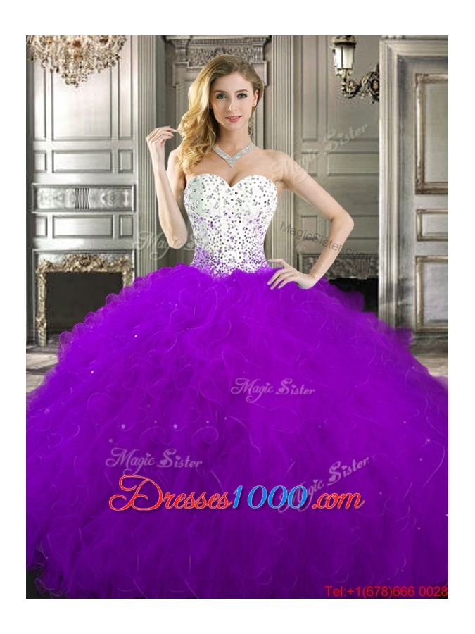 Unique Beaded and Ruffled Tulle Quinceanera Gown in Purple and White