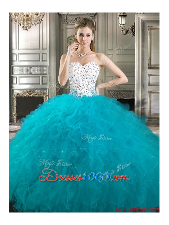 Unique Beaded and Ruffled Tulle Quinceanera Gown in Purple and White