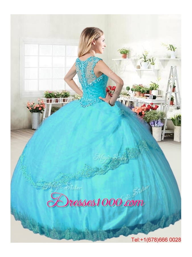 Elegant Straps Aqua Blue Quinceanera Gown with Beading and Appliques