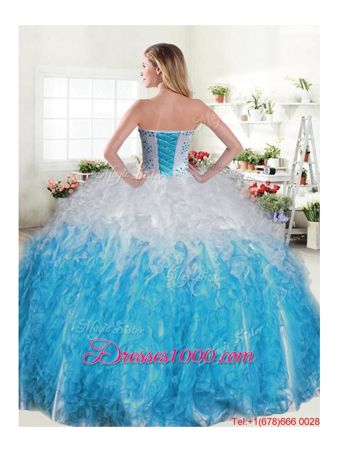 Latest Beaded and Ruffled Blue and White Sweet 16 Dress in Organza